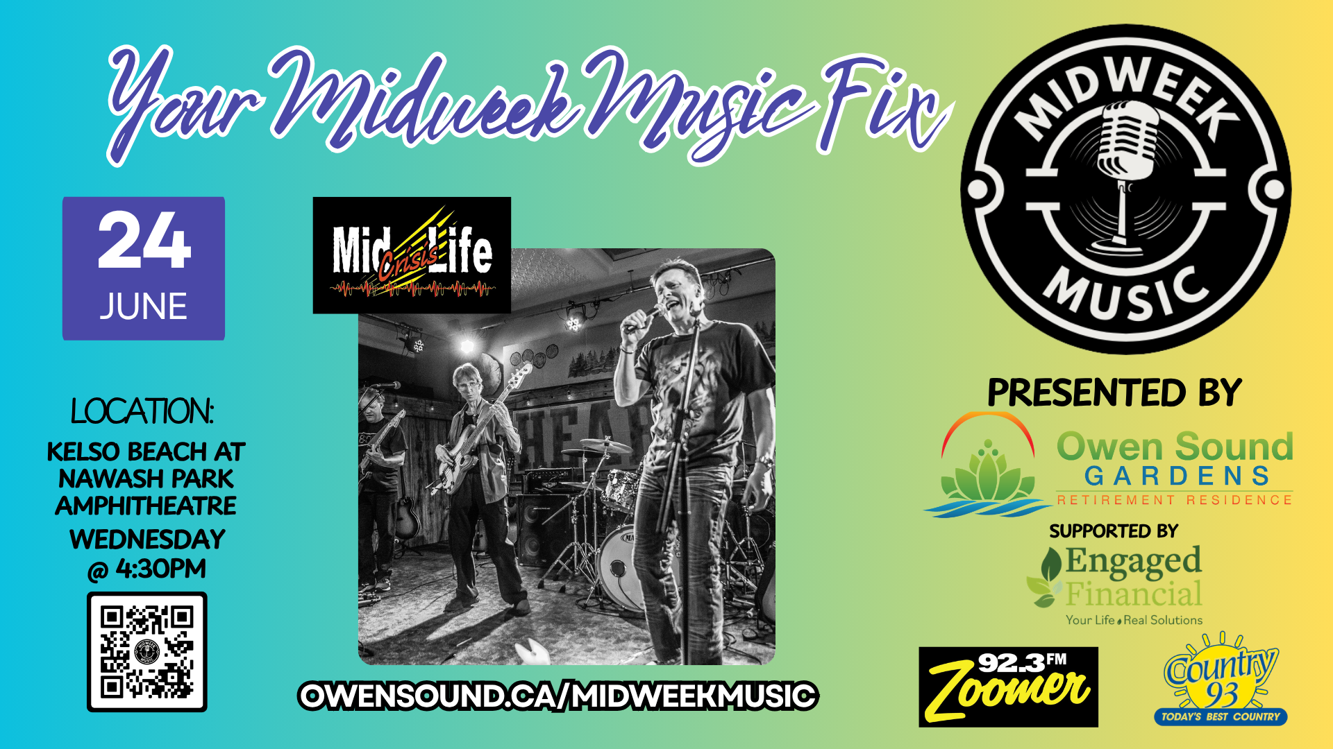 Event image Mid Week Music hosts Mid Life Crisis at Kelso Beach at Nawash Park (amphitheatre)